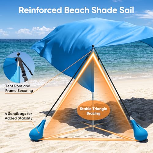 MoKo Beach Shade Canopy, 100 Sq.Ft. Wind-Supported Sunshade Sail for 4-6 People, Lightweight Easy Setup Beach Tent with UP...