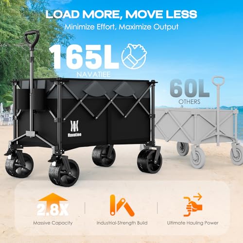 Navatiee 330Lbs Collapsible Folding Wagon, Beach Wagon Cart Heavy Duty Foldable with Big Wheels, Utility Grocery Wagon wit...