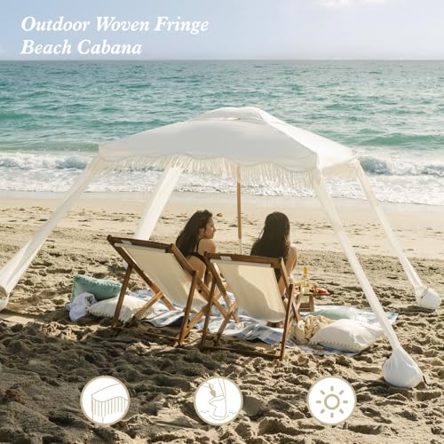 AMMSUN Beach Cabana with Fringe, 6.5' x 6.5' Boho Beach Canopy with Tassels, Easy Set up & Premium Wood Pole, Cabana Tent ...
