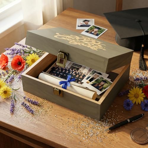 REMEIT Graduation Keepsake Box - Engraved Class of 2026 Wood Memory Box Congrats Grad Gift for Him Her, Perfect for Storin...