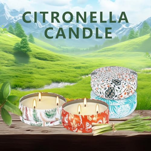 4-Pack Citronella Candle Set in Decorative Tropical Flower Tin Boxes - 3-Wick Functional Decorative Candles for Indoor & O...