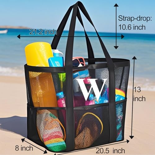 wanchel Personalized Mesh Beach Bag for Women - Waterproof Initial Tote Bag for Family Travel, Toys, Vacation Essentials