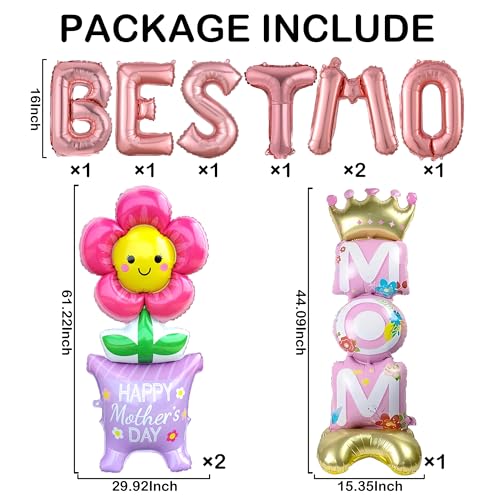 11Pcs Happy Mother's Day Balloons Set, 16Inch and 60Inch BEST MOM Large Standing Flower Foil Balloons for Mothers Day Cele...