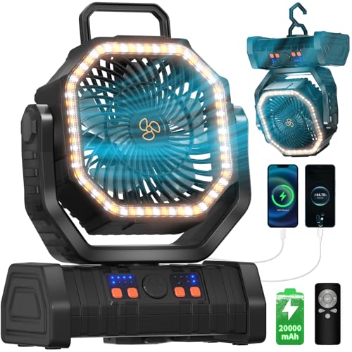 EEIFO Battery Operated Fan Portable Battery Powered Outdoor Camping Tent Fan with LED Lantern Light 20000mAh Rechargeable,...
