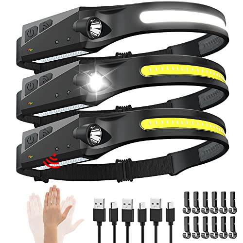 Rechargeable Headlamp 3PCS, 230° Wide Beam Head Lamp, Motion Sensor LED Headlamp Rechargeable, 5Mode Bright Headlamps for ...