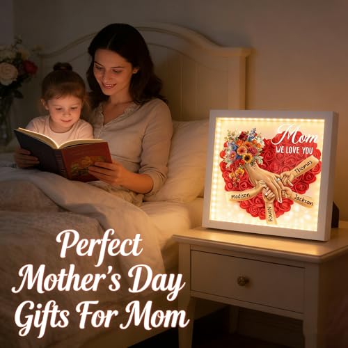 Custom Mom Flower Shadow Box with Kids Names, Mommy Holding Hands Flower Frame, Personalized Gifts for Mom from Daughter S...