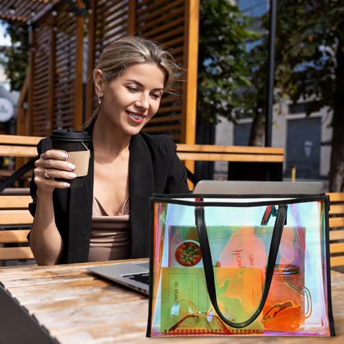 Aliceset Holographic Clear Tote Bag with Leather Handle Iridescent Bachelorette Beach Bag for Work Stadium Travel | with L...