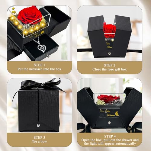 Megapuxin Preserved Real Rose with Heart Necklace for Her, I Love You Necklace 100 Languages Projection, for Mom Wife Girl...