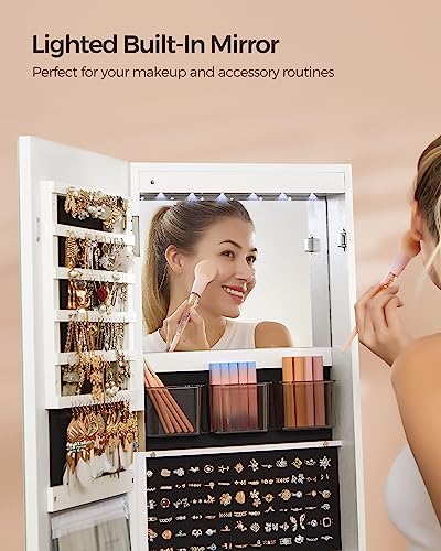 SONGMICS LED Jewelry Cabinet Standing, Lockable Armoire With Full-Length Mirror and Adjustable Lights, Space-Saving Organi...