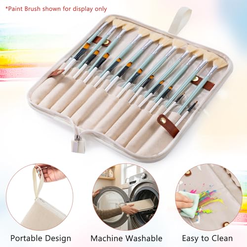 Stand Up Canvas Paint Brush Holder Case for Artists, 22 Slots Brush Organizer with Pop-Up Stand, Zippered Travel Paint Bru...