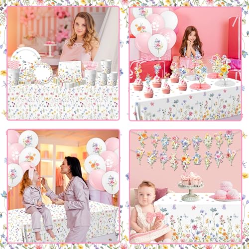 193Pcs Spring Wildflower Party Decorations Include Plates, Napkins, Cups, Balloons, Banner, Tablecloth, Cake Toppers, Hone...