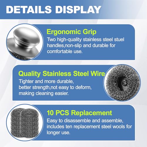10Pcs Steel Wool Scrubber, Steel Wool Pads with 2Pcs Handle, Stainless Steel Scrubber for Dishes, Kitchen, Cleaning, Stove...