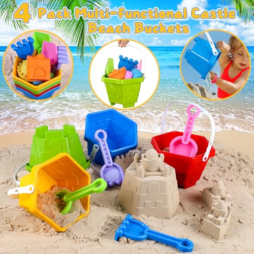 HUUIDY Beach Toys for Kids, Sand Toys with 4 Sand Buckets and Shovels for Kids, Sand Castle Building Kit with Mesh Bag & M...