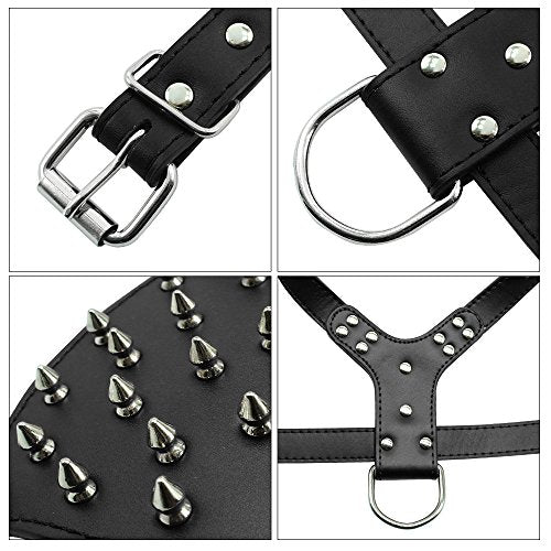 Bbmmayy Leather Spiked Dog Harness and Collar Set - Suitable for Large Breeds Bull Terriers, Dobermans - Durable Leather H...