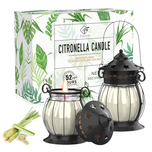 Citronella Candles Outdoor, 2 x 6oz Scented Candles with Vintage Metal Lantern Holder, Natural Citronella Soy Wax Candles,...