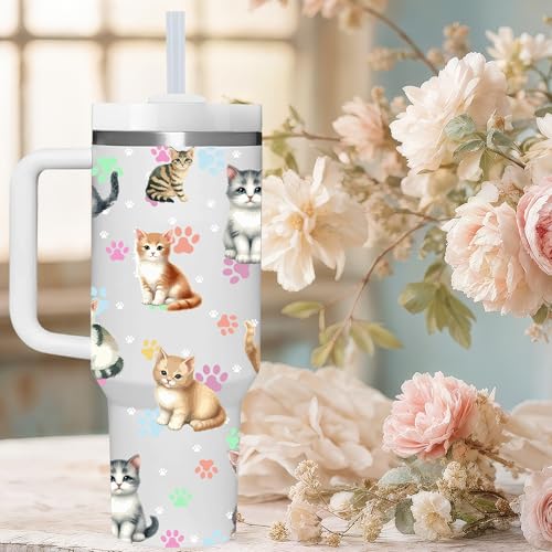 40 OZ Kitty Cat Tumbler with Handle.Kitty Cat Lover Cup Gift.40 OZ Unique Birthday Christmas Kitty Cat Tumblers Gifts for ...