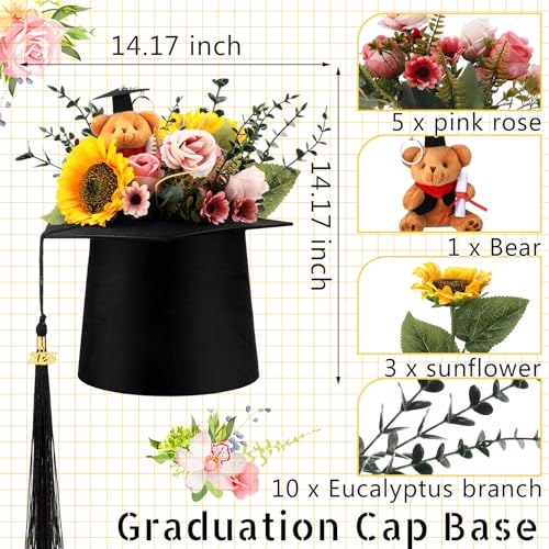Hoteam Black Graduation Flower Bouquet Grad Centerpiece Graduation Cap Flower Boxes Mini Plush Bear with Grad Hat Floral A...