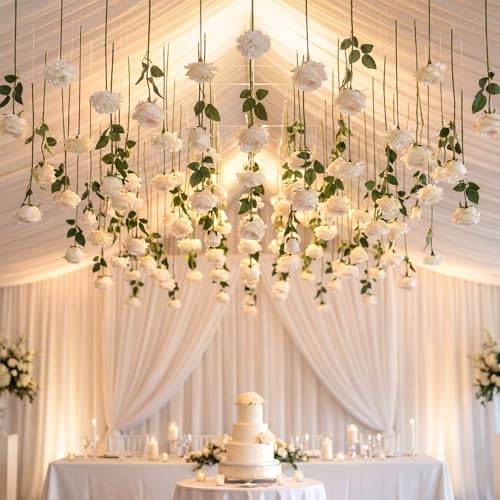 Lyrow 60 Pack Artificial Flower Hanging Flowers Ornament Floating Garland Ceiling Rose Strings for Wedding Anniversary Eng...