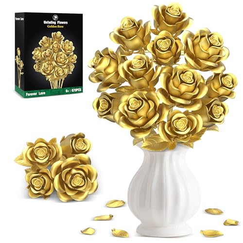 Metallic Gold Roses Flower Bouquet Building Sets, 670Pcs Golden Roses Botanical Collection Compatible with Lego Flowers Va...