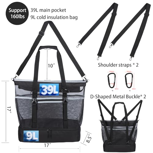 Unamujer Mesh Beach Bag with Cooler Large Travel Family Vacation Essentials Pool Swimming Zipper Pocket Durable 9 Pockets