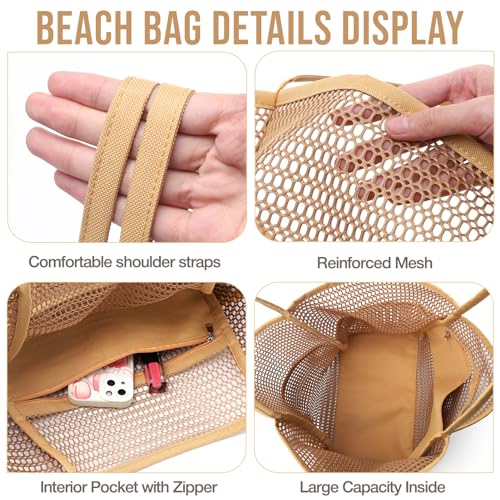 KPX Beach Bag with Mini Pocket, Summer Beach Tote Bags for Women Large Foldable Mesh Swimming Pool Travel Bags - Sandproof