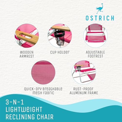 Ostrich The Original 3N1 Lightweight Beach Reclining Lounge Chair with Footrest, Outdoor Furniture for Patio, Balcony, Bac...