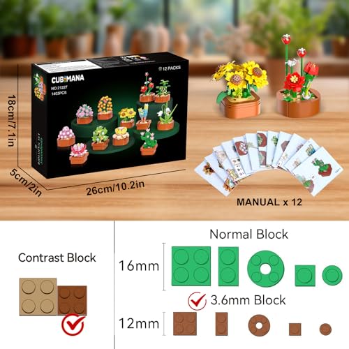 CUBIMANA 12 Pack Flowers Succulents Mini Building Set - Gifts for Mothers Day, Flower Botanical Collection for Home Office...