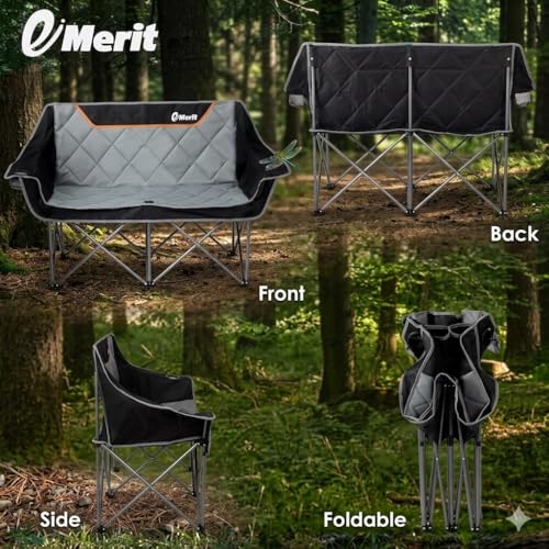 EMERIT Oversized Fully Padded Camping Chair, Heavy Duty 650LB Folding Camping Loveseat, Quad Fold Double Camping Couch wit...