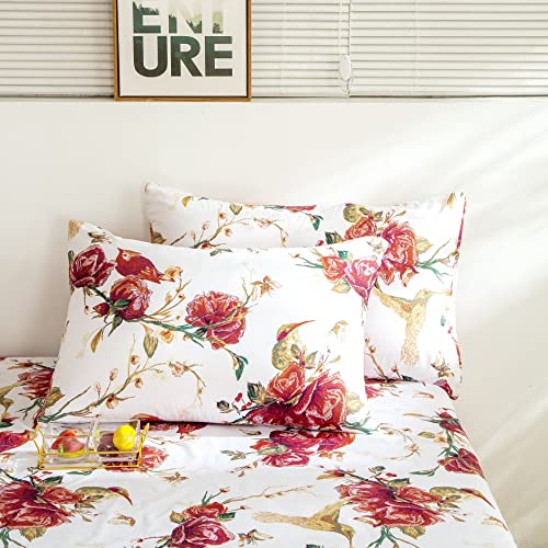 Tache Floral Hummingbirds Burgundy Ivory Antique Vintage Farmhouse Spring Country Rustic Microfiber Rose Garden Sheet Set ...