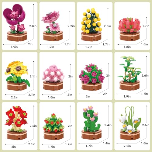 KOJAYHOL 12 Pack Flowers Succulent Party Favors for Kids Building Set, 1001 Pcs Botanical Bonsai DIY Creative Mini Buildin...