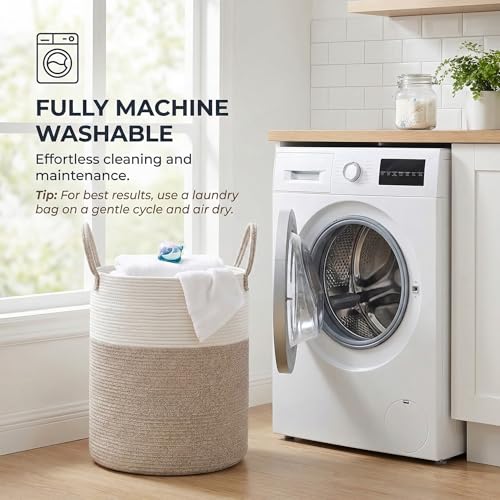 JMvicyroam Large Woven Laundry Basket Hamper,60L Cotton Rope Storage Bin for Blankets,Toys and Clothes,Decorative Tall Nur...