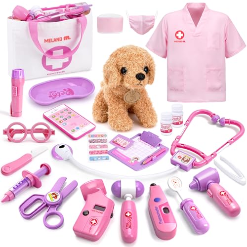 Meland Toy Doctor Kit for Girls, Pretend Play Toy Doctor Set with Dog , Carrying Bag, Stethoscope & Dress Up Costume Gift ...