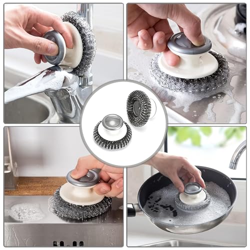 2Pcs Stainless Steel Scrubber with Handle, Steel Wool Scrubber Tool for Cleaning Dishes, Scrubbing Scouring Brush Pad for ...