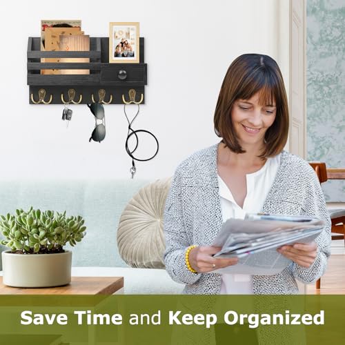 HOMEBROS Key Holder Wall Mount, Wooden Adhesive Mail and Key Organizer with Drawer, Small Shelf, 8 Hooks, 2 Installation M...