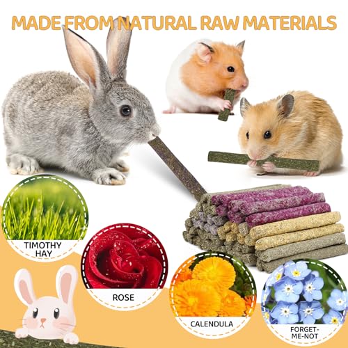 52Pcs Rabbit Chew Sticks, Guinea Pig Toys, Natural Timothy Grass Molar Teeth Stick, Mixing Flowers, Roses, Calendula and F...