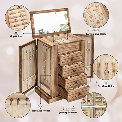 Emfogo Jewelry Box for Women, 5 Layer Large Wood Boxes & Organizers for Necklaces Earrings Rings Bracelets, Rustic Organiz...