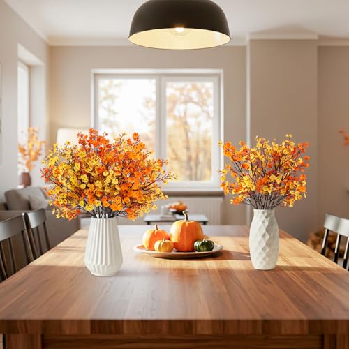HIAGROW 8Pcs Babys Breath Artificial Fake Fall Flowers, Real Touch Orange Yellow Plants Silk Flowers for Vase Home Office ...