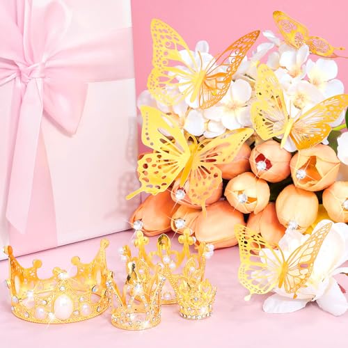 cridoz 164Pcs Flower Bouquet Accessories, 16Pcs Crowns for Flower Bouquets with 48Pcs Gold Butterfly Decorations and 100Pc...
