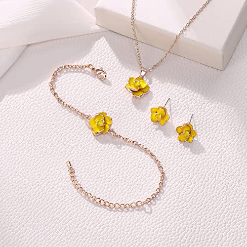EleQueen Rose Flower Necklace Earrings Bracelet Set 14K Gold Plated Hypoallergenic Jewelry Sets Gift for Women