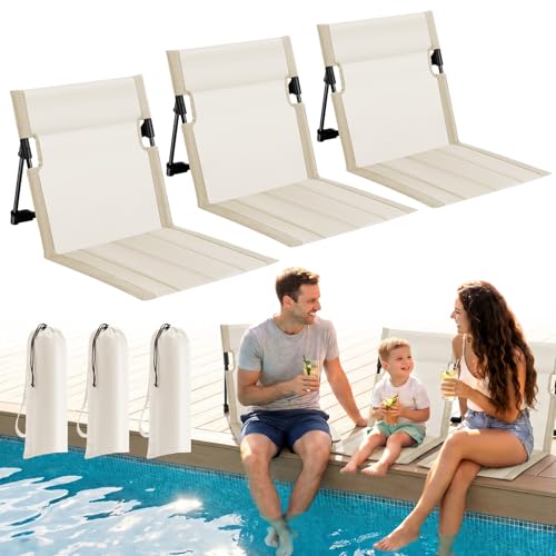 3 Pack Portable Poolside Chairs, Foldable Beach Chairs for Adults, Lightweight Legless Ground Seat with Carry Bag, Small B...