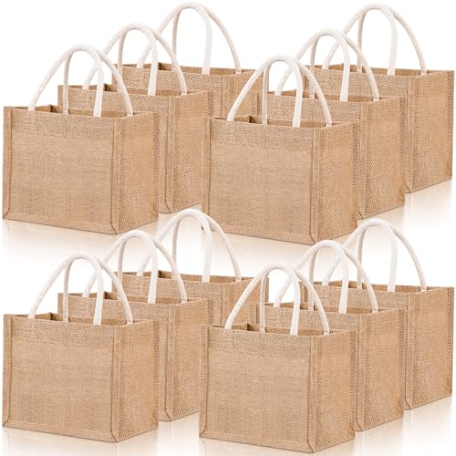 Cunno 12 Pcs Burlap Tote Bag Mini Jute Reusable Bag with Handles Small Blank Canvas Gift Waterproof for Wedding Beach DIY
