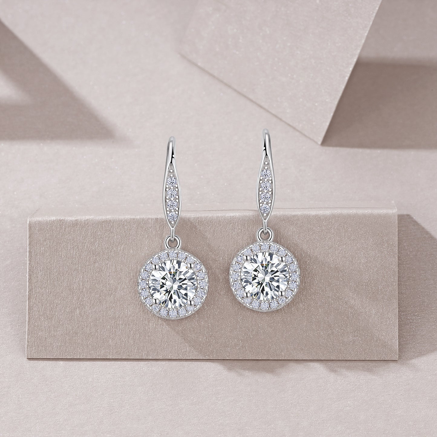 S925 Sterling Silver Halo Drop Earrings, 1ct D-VVS1 Moissanite, Lever Back Dangle With Pave Detail, Platinum Plated 3.3g, GRA Certificate Gift Box