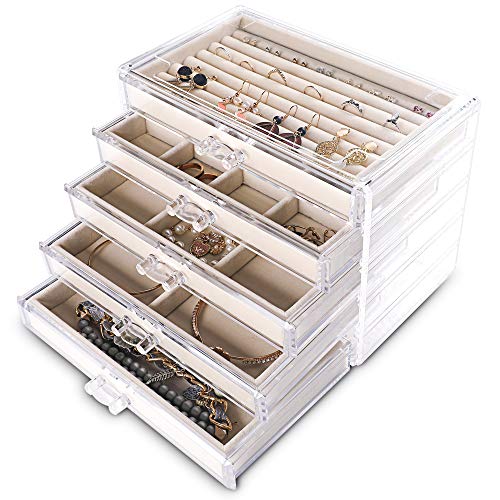 Frebeauty Extra Large Acrylic Jewelry Box for Women Girls 5 Layers Clear Velvet Earring Organizer with 5 Drawers Rings Dis...
