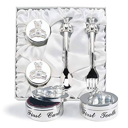 Baby’s First Curl and First Tooth Keepsake Box Collection | Adorable Teddy Bear Designs | Charming Gift | Satin-Lined Whit...