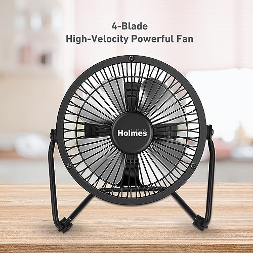HOLMES 4" Mini High-Velocity Personal Desk Fan, 4 Blades, Adjustable 360° Head Tilt, Durable Metal Construction, Single Sp...