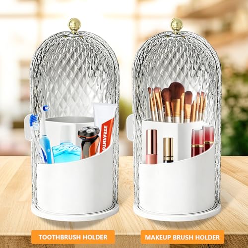 360 Rotating Makeup Brush Holder Organizer With Lid - Multifunctional Toothbrush Holder With Cover For Bathroom Countertop...