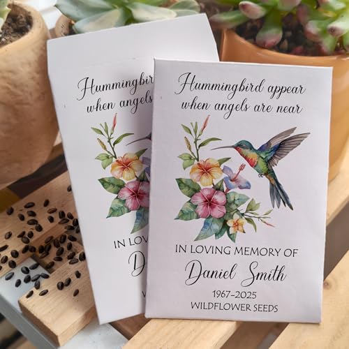 Personalized Hummingbird Wildflower Memorial Funeral Seed Packets,Remembrance Celebration of Life, Fvors for Funerals, Wak...
