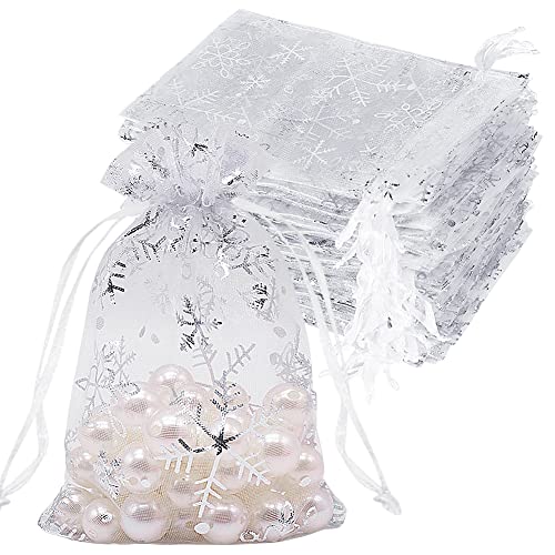 HRX Package 100pcs Snowflake Organza Gift Bags Christmas 4x6 inch, Small White Mesh Jewelry Pouches Little Drawstring Cand...