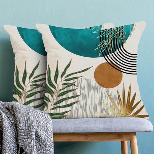 Boho Pillow Covers 20x20 Inch 2 Pcs,Aqua Teal Green Gold Tropical Leaf Summer Outdoor Decorative Throw Pillows,Mid Century...