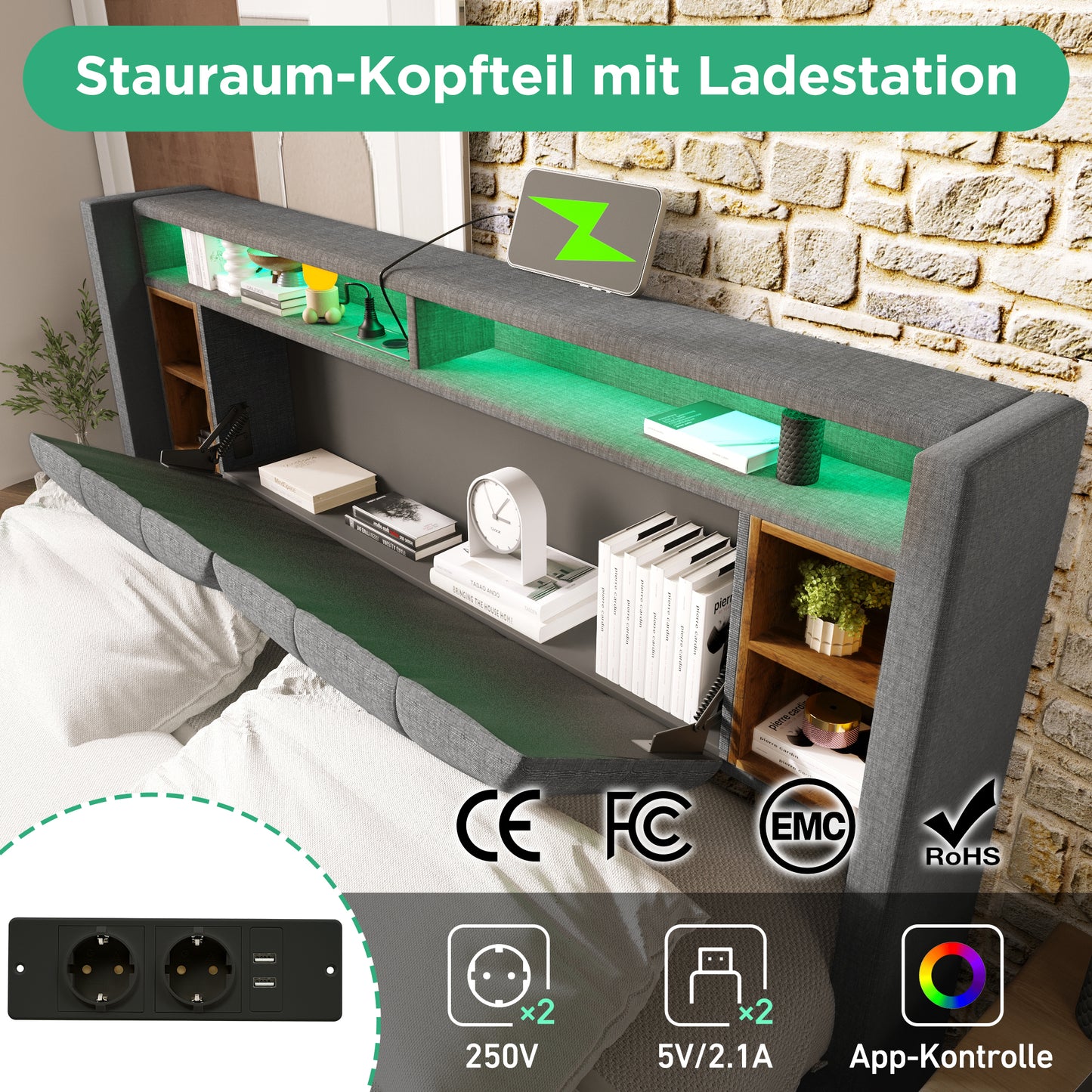 Upholstered Bed Double Bed Storage Headboard Bed With Charging USB And LED Lighting Bed Frame Wooden Slatted Frame,160x200CM Grey Without Mattress